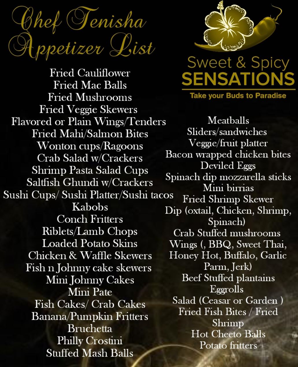 Sweet & Spicy Sensations catering menu or service list